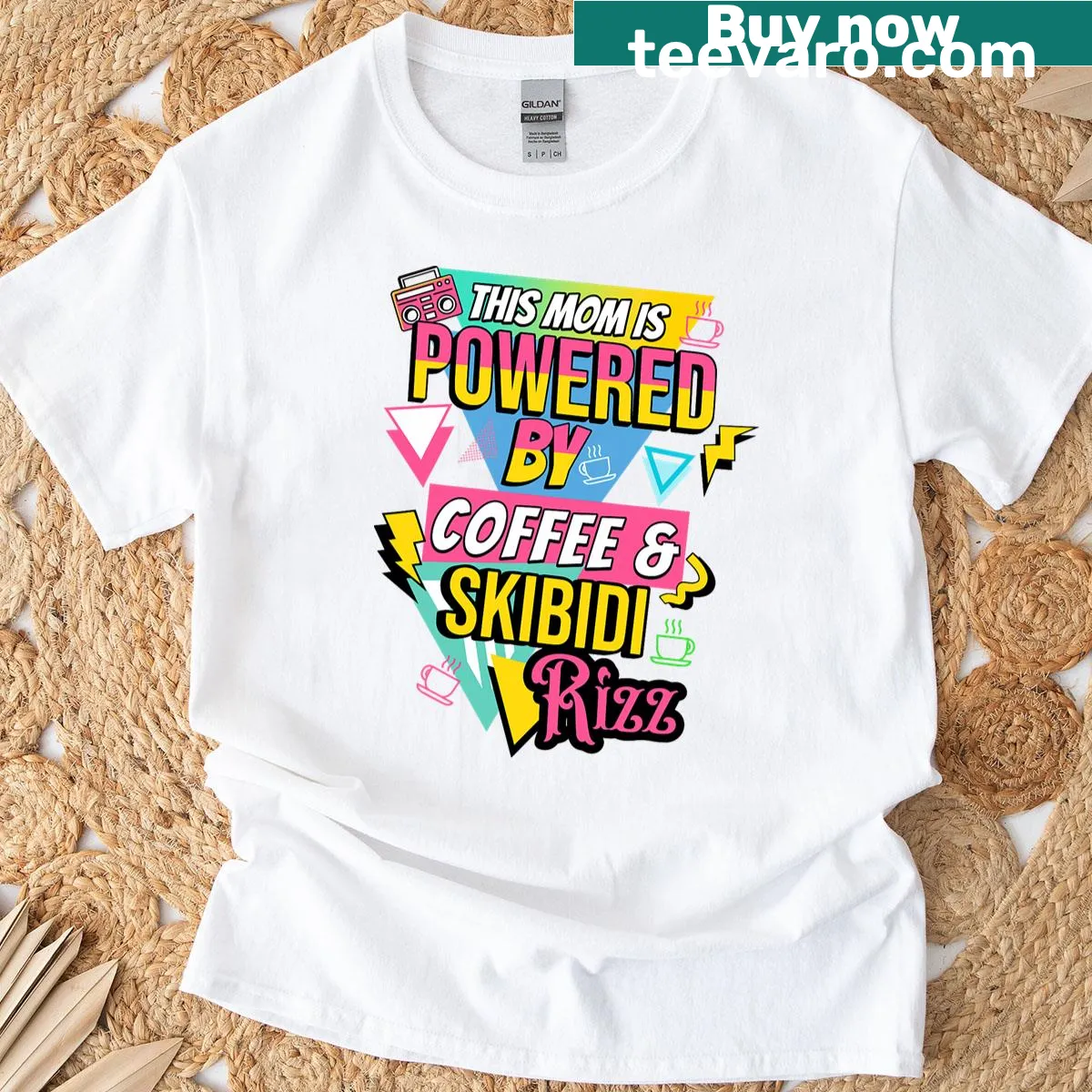 Humorous coffee-powered mom T-shirt for Mother's Day — on a men's t-shirt