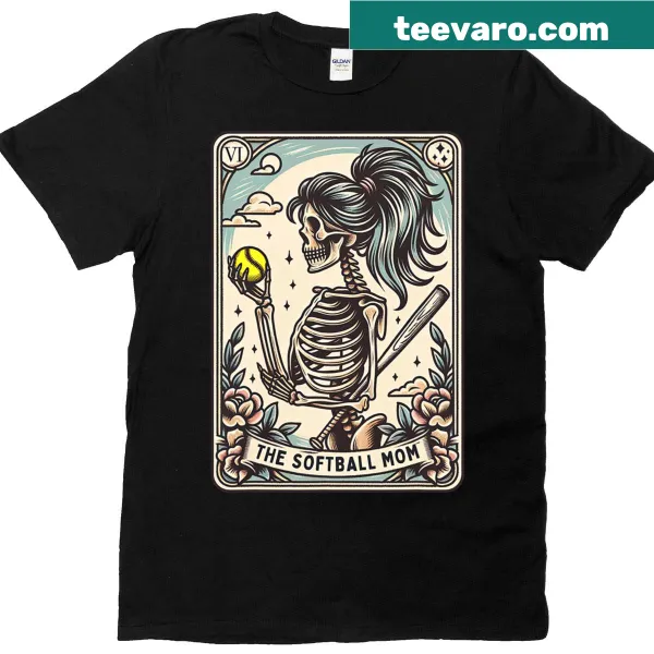 Whimsical t-shirt featuring a skeleton softball mama tarot card design
