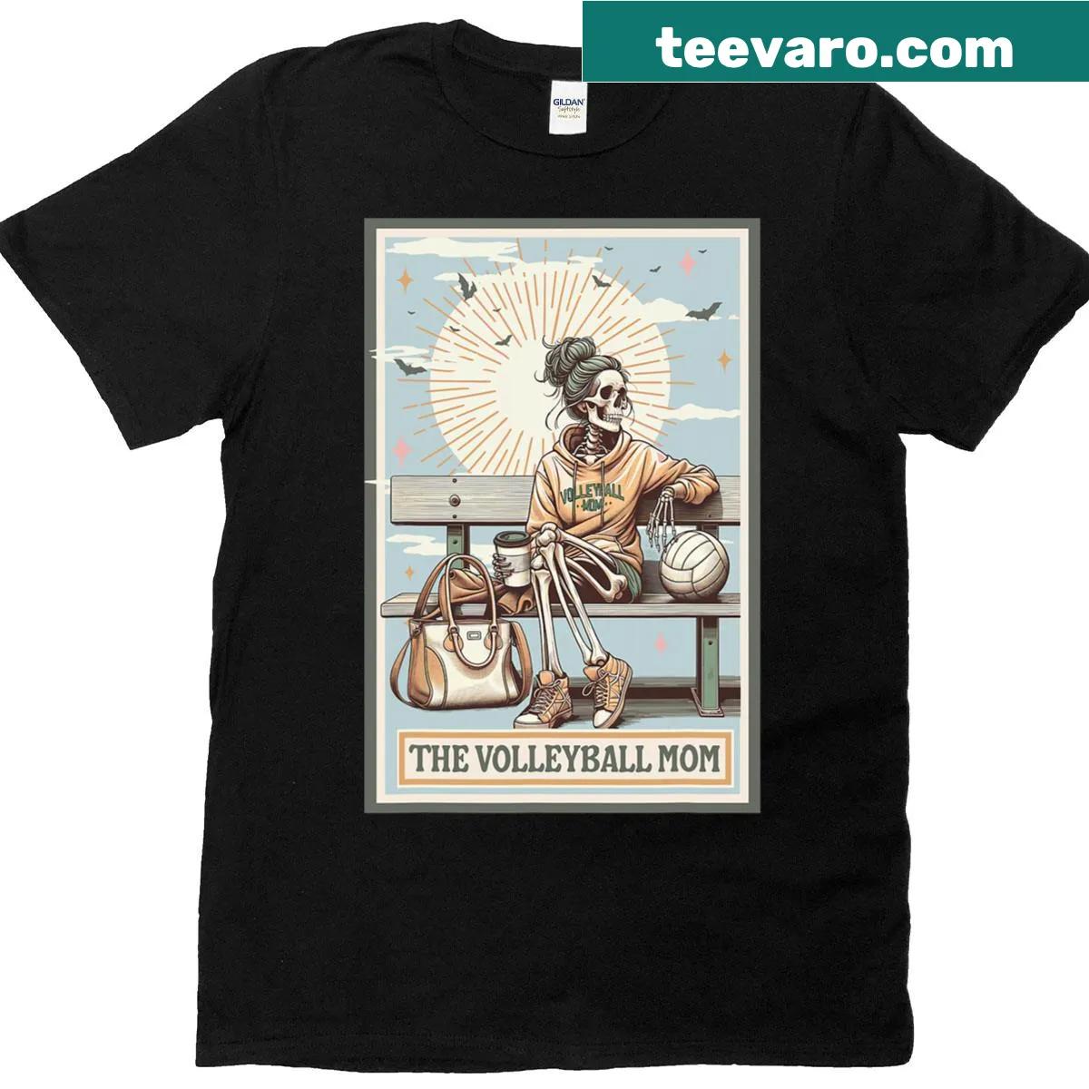 Skeleton playing volleyball with tarot card motifs for Mother's Day — on a men's t-shirt
