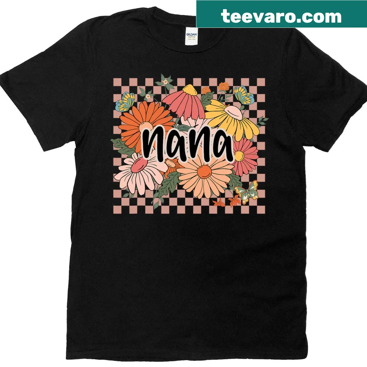 Floral T-shirt with 'Nana' text and checkered design — on a men's t-shirt