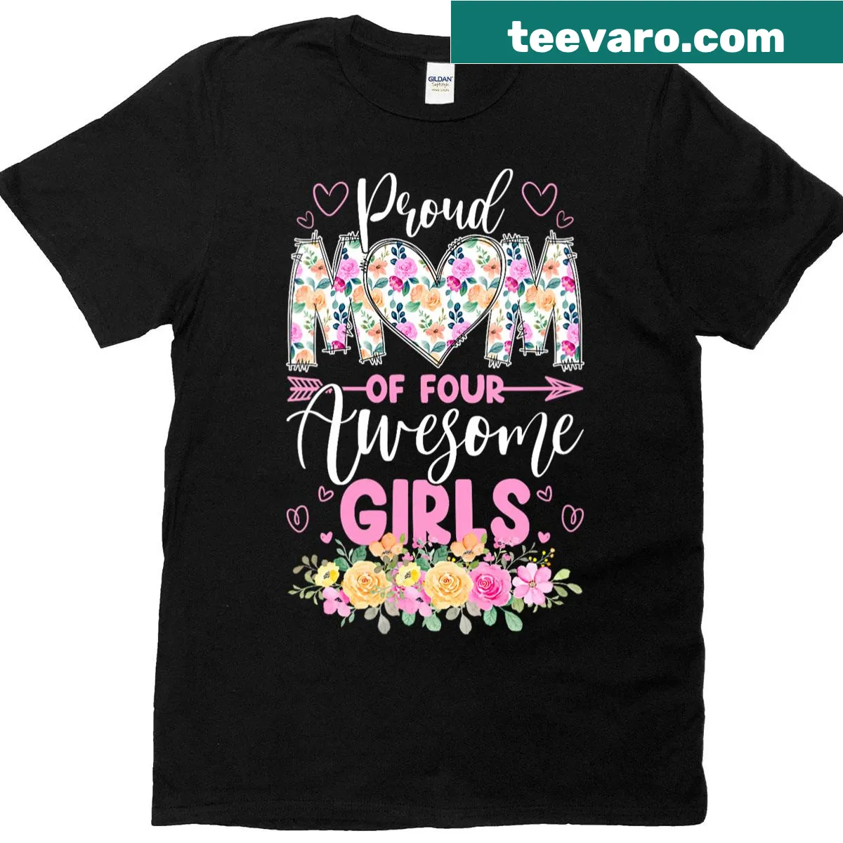 V-neck shirt celebrating proud moms of four daughters with unique wording — on a men's t-shirt