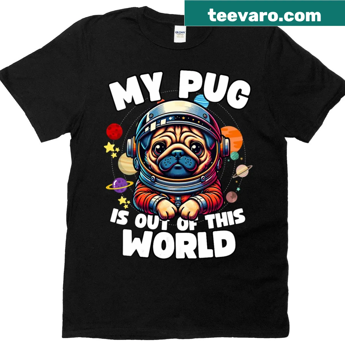 V-neck T-shirt with a funny pug design for dog lovers. — on a men's t-shirt