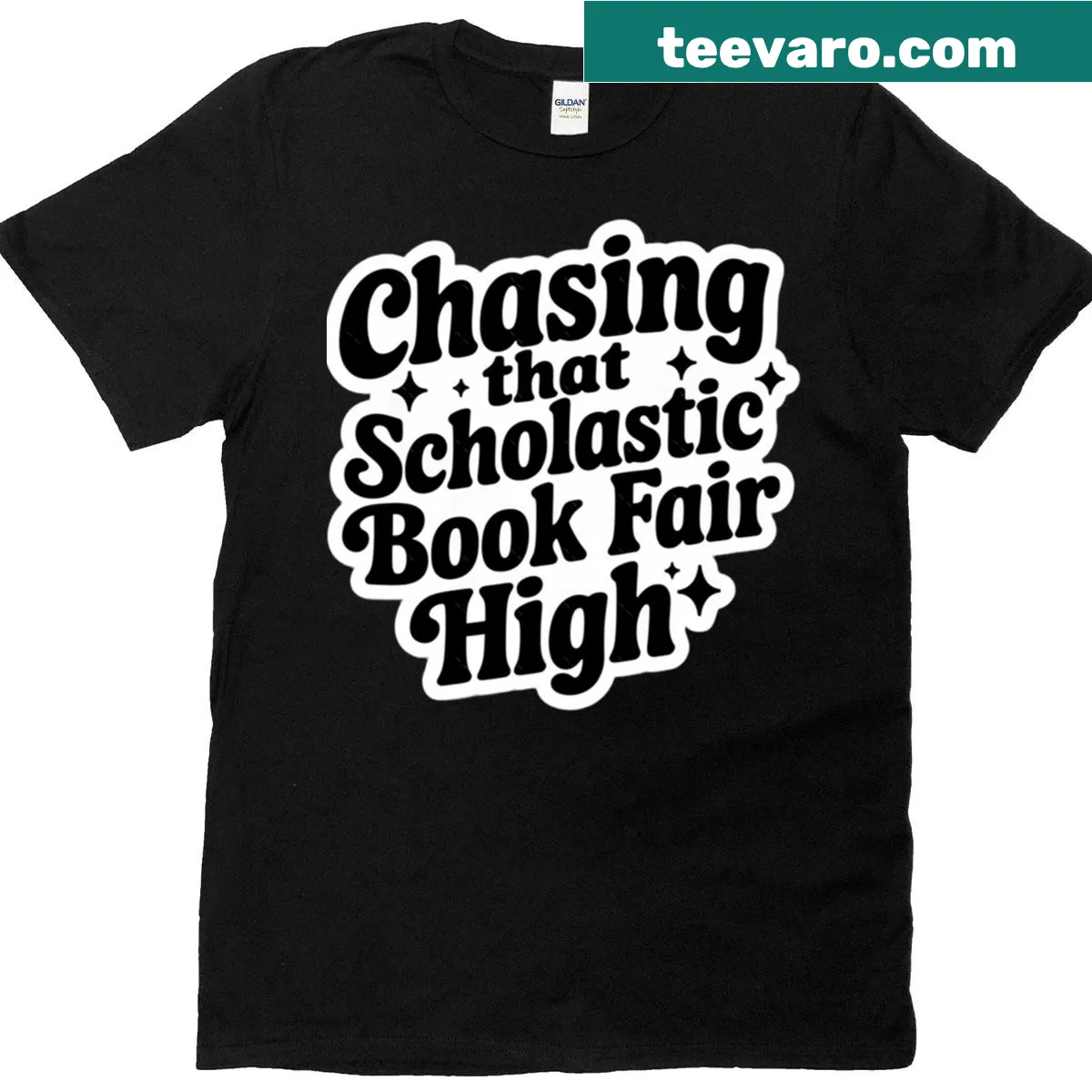 Illustrative T-shirt for students about chasing books and reading — on a men's t-shirt
