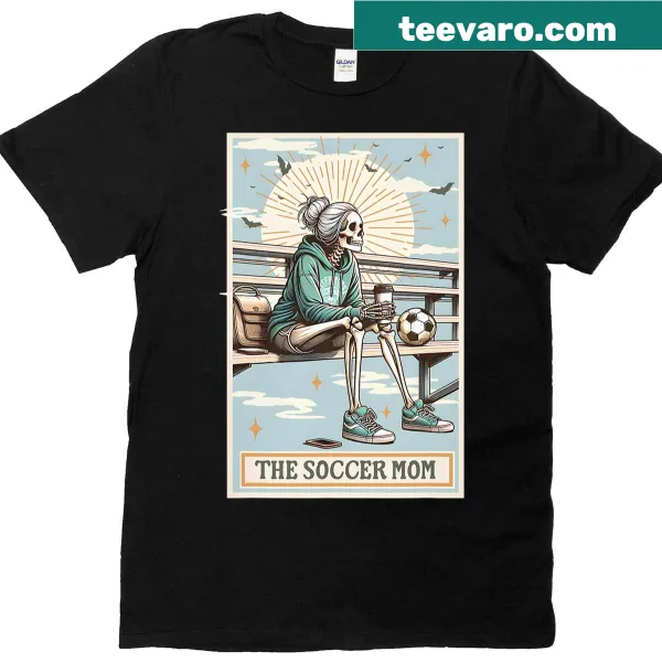 Quirky skeleton soccer mom t-shirt with tarot card design