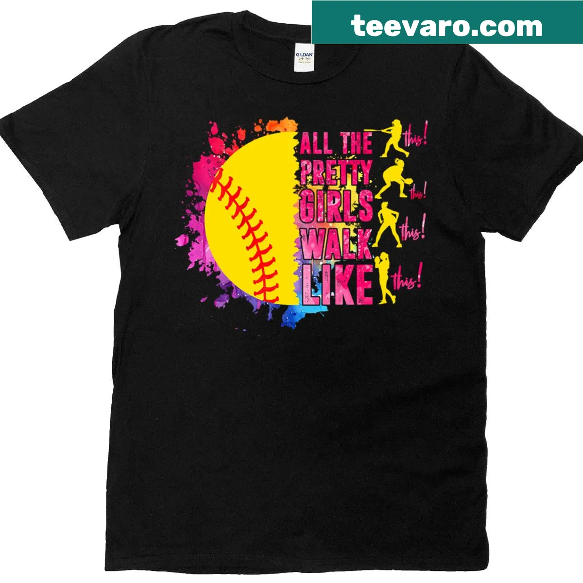 Playful t-shirt for softball players with 'All The Pretty Girls Walk Like This' text — on a men's t-shirt