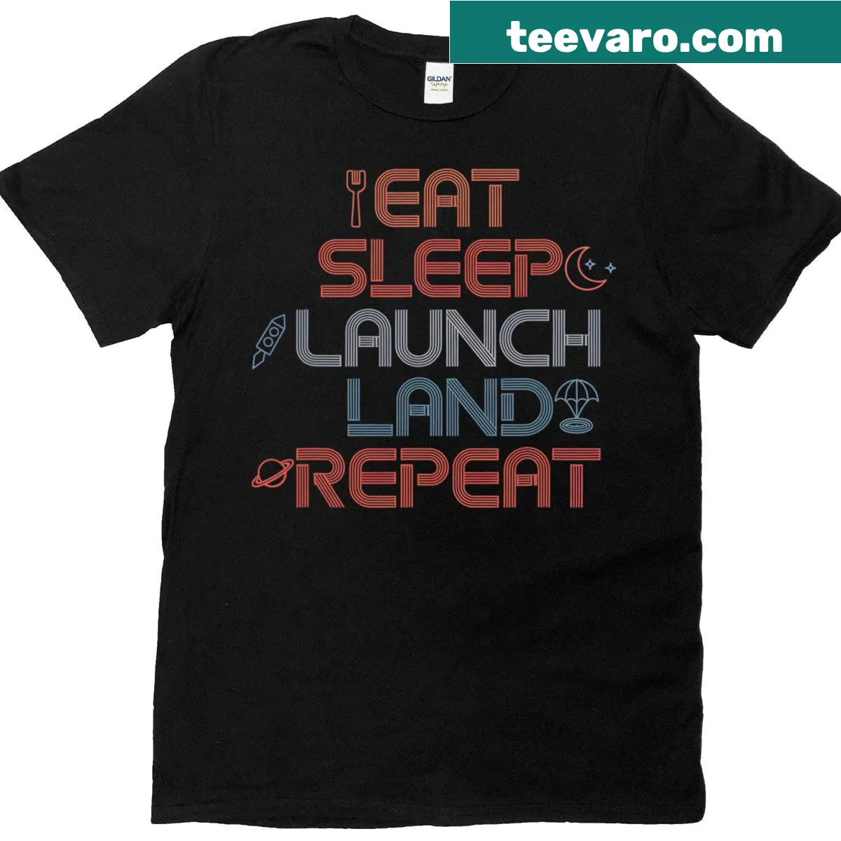 Funny T-shirt for space enthusiasts with launch and land slogan — on a men's t-shirt