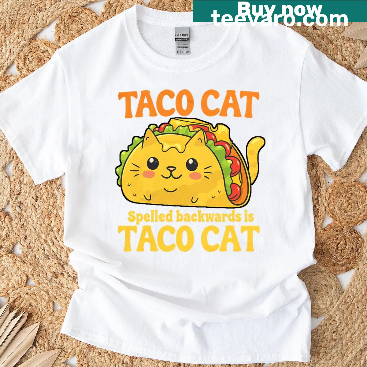 T-shirt featuring tacos and a cat with 'Tacocat' text — on a men's t-shirt