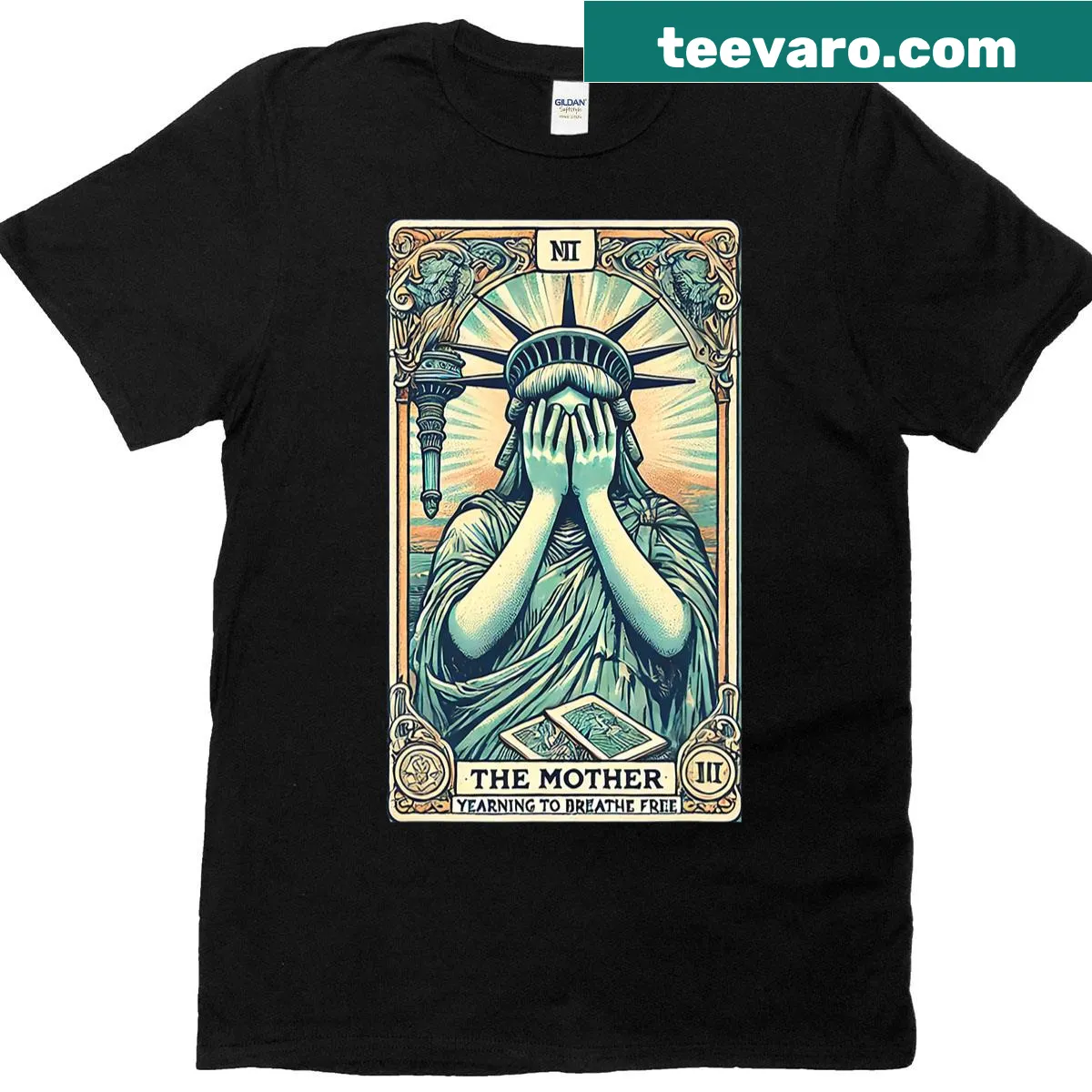 Illustration t-shirt featuring a mother statue with themes of liberty — on a men's t-shirt