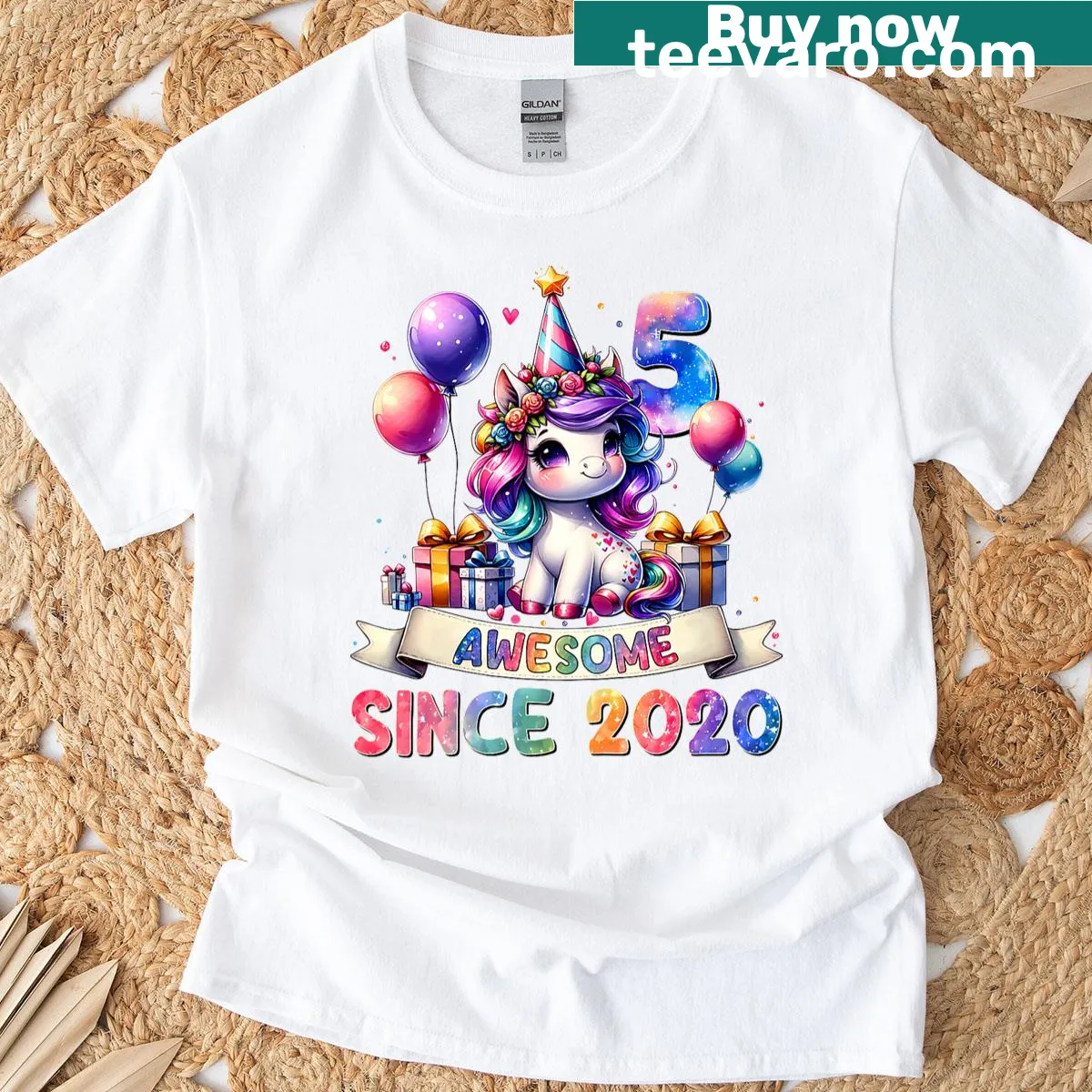 Cute unicorn t-shirt for 5-year-old girls' birthday parties — on a men's t-shirt