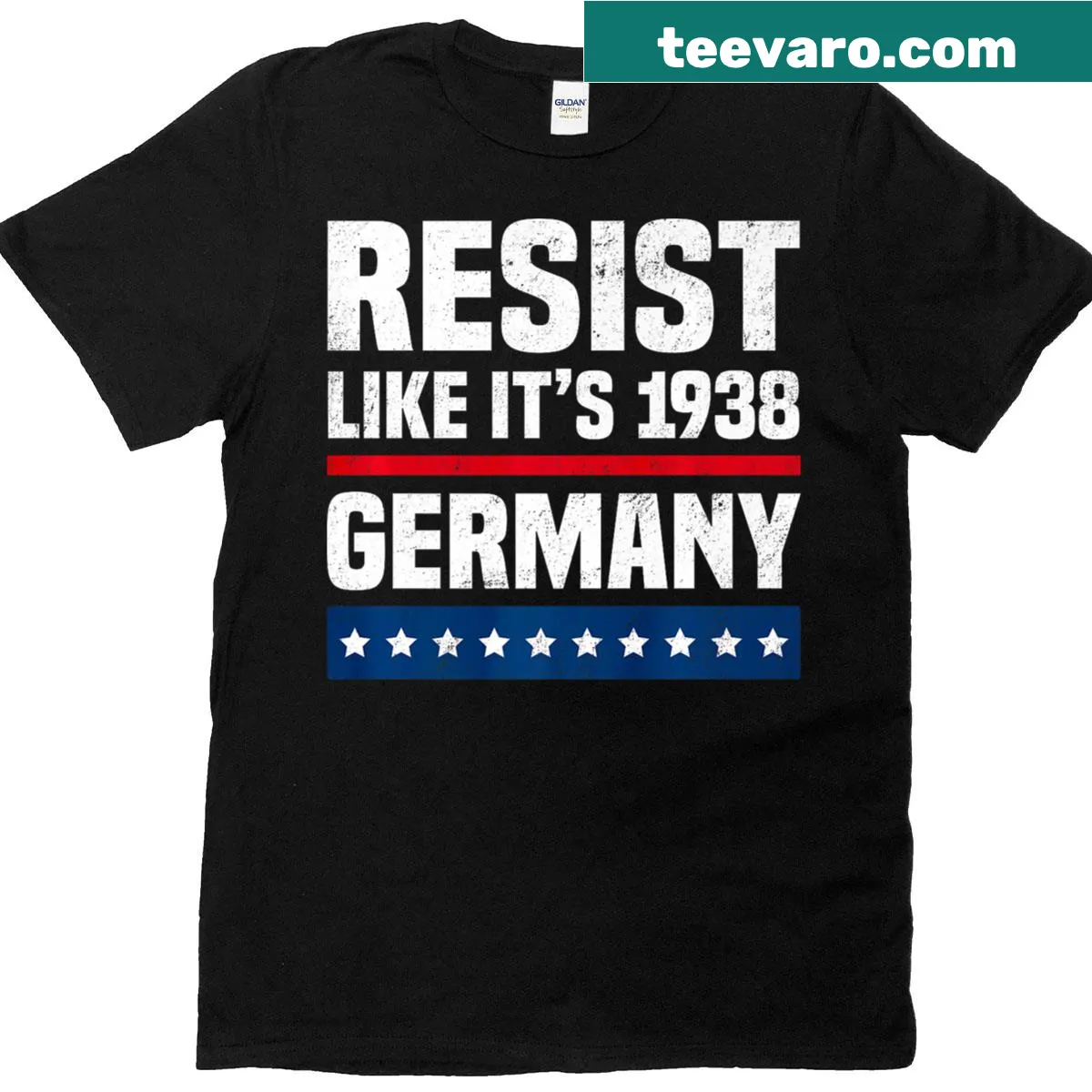 Vintage-style T-shirt with a historical graphic featuring flags and a message. — on a men's t-shirt