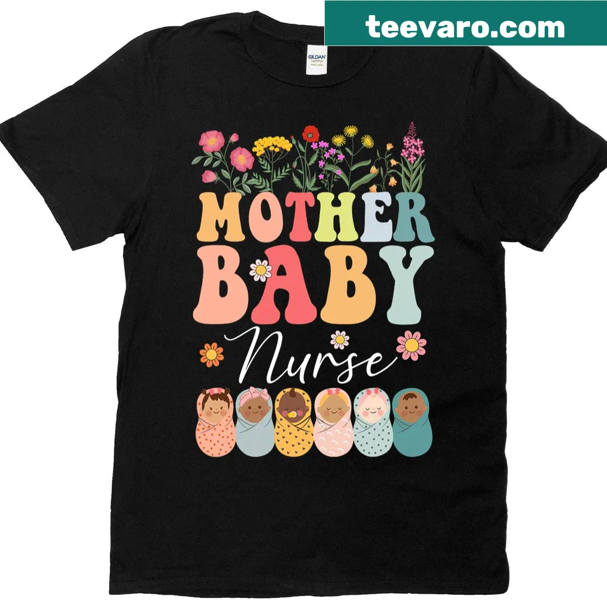 Nurse-themed t-shirt celebrating motherhood with a groovy floral print — on a men's t-shirt