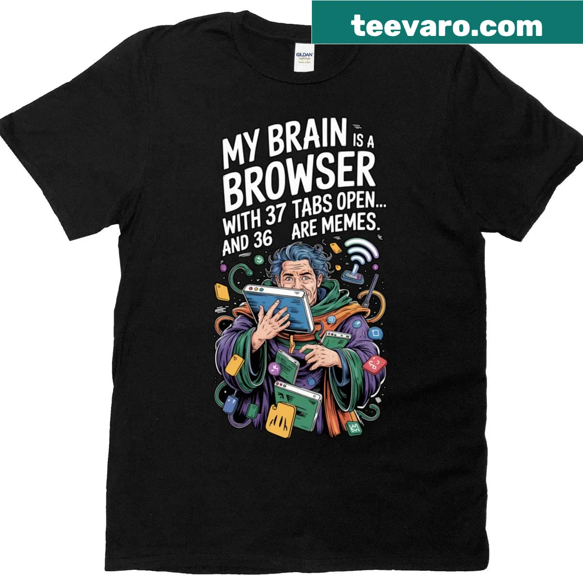 Cartoon medieval Tech-mage graphic for ADHD multitaskers on a classic t-shirt — on a men's t-shirt