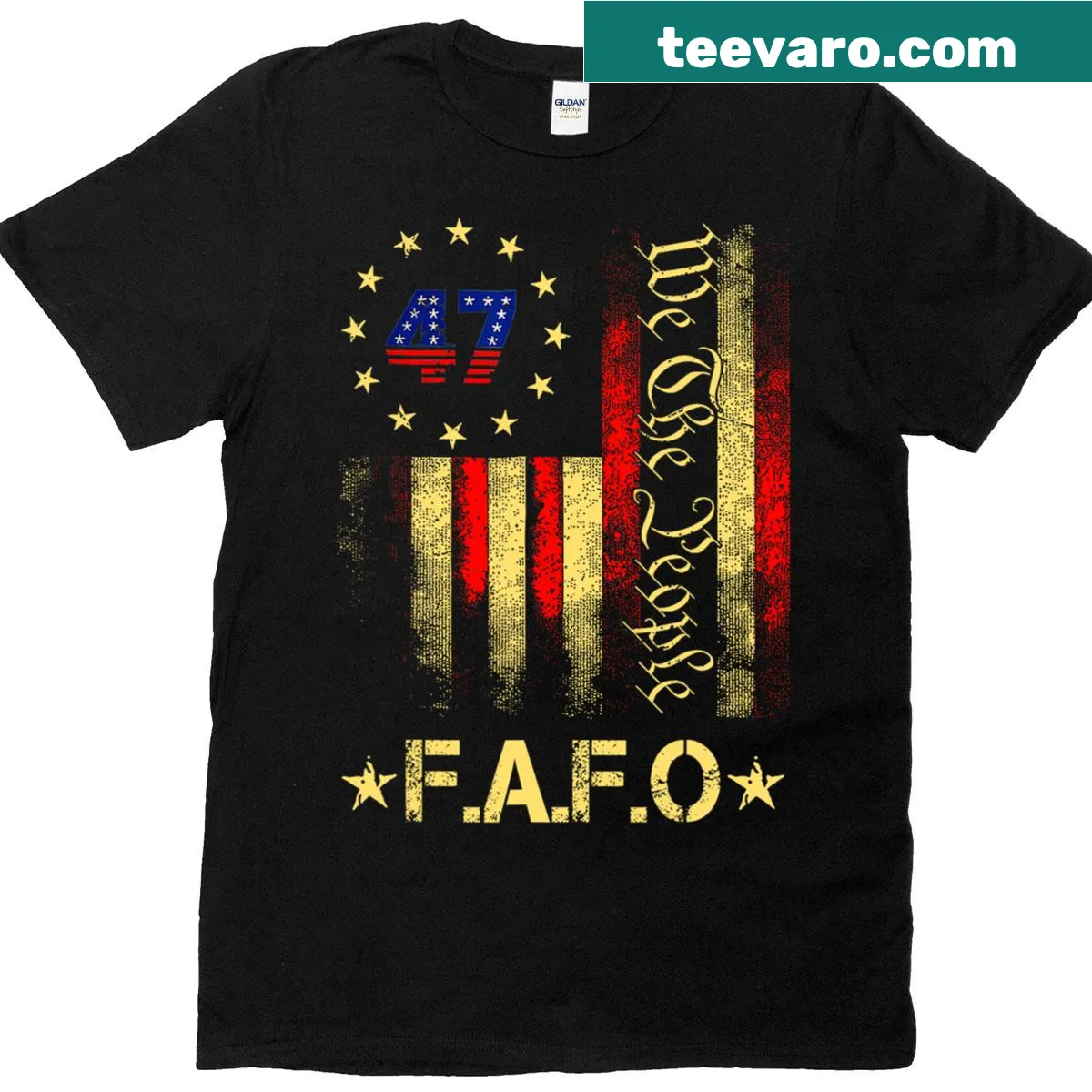 Vintage-style T-shirt featuring the American flag and '45' with humorous text. — on a men's t-shirt