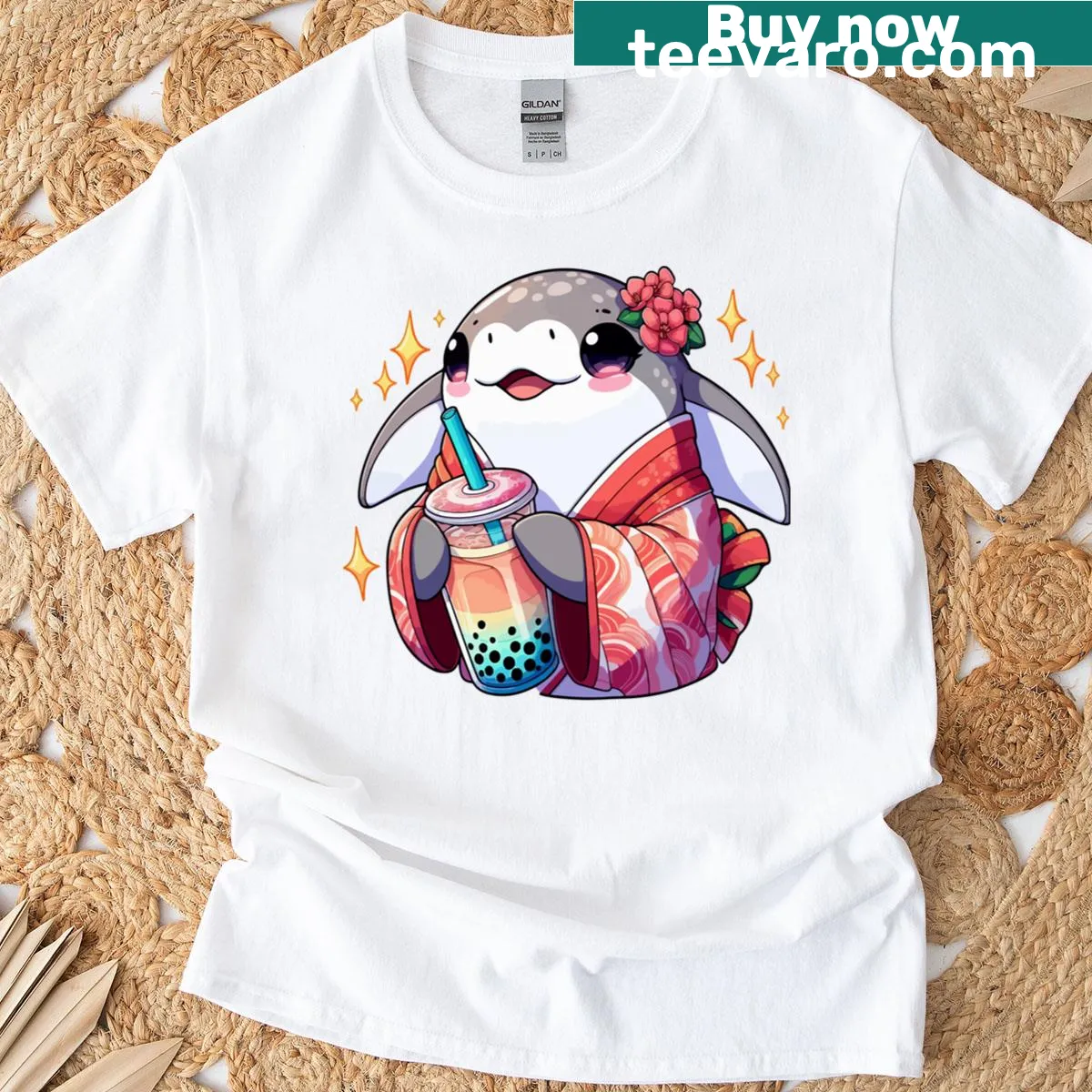 Cute anime shark holding bubble boba tea — on a men's t-shirt