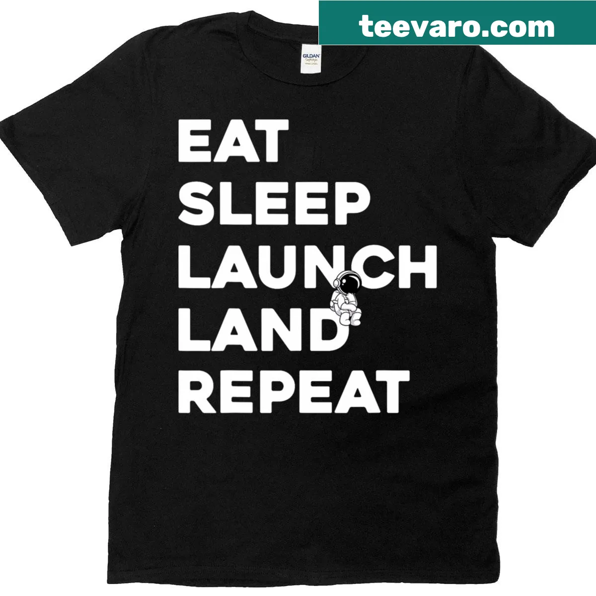 Playful astronaut themed graphic t-shirt with sleep, eat, repeat text — on a men's t-shirt