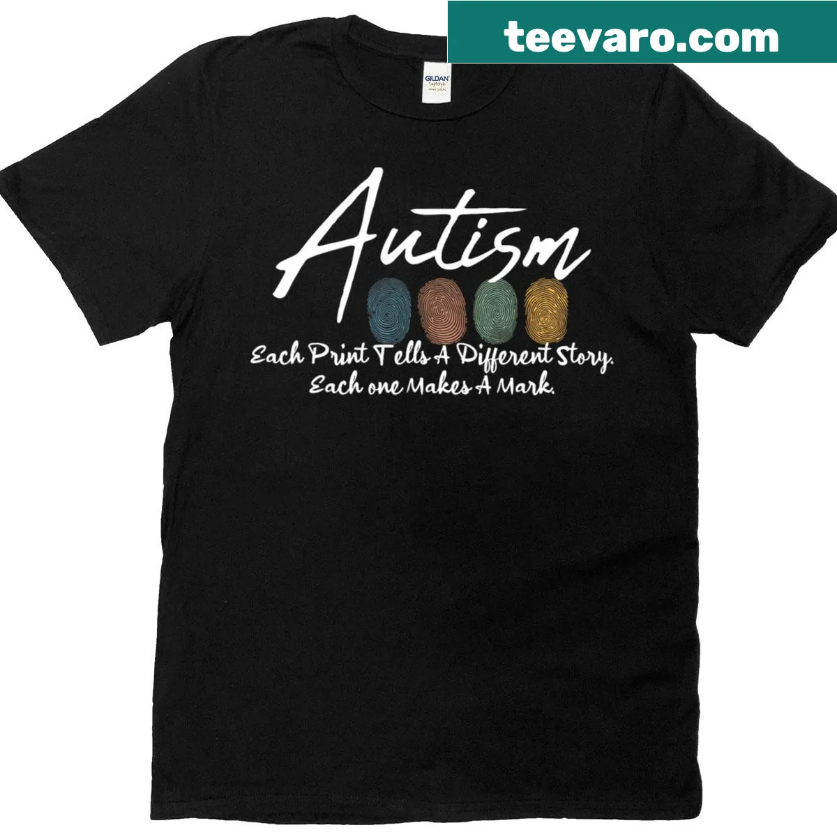 Autism awareness t-shirt with fingerprint design and meaningful text — on a men's t-shirt