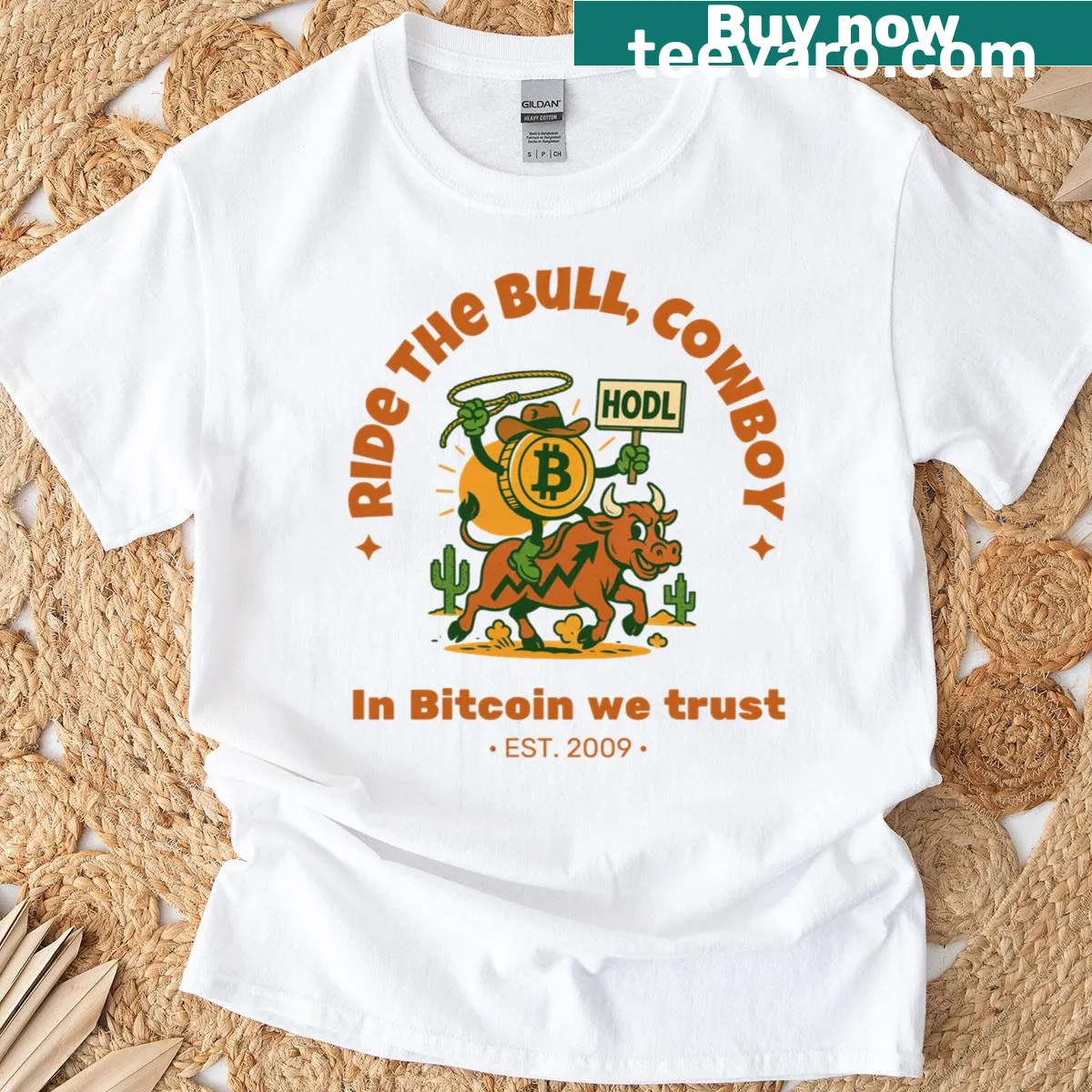 Bold Bitcoin-themed t-shirt with cowboy and text — on a men's t-shirt