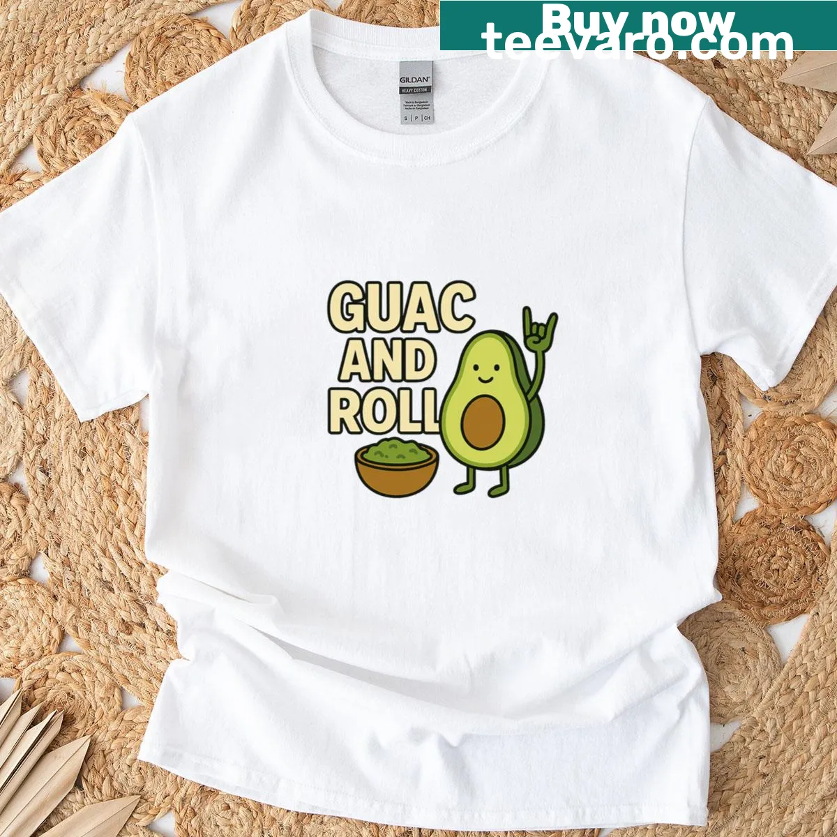 Cartoon avocado T-shirt with guacamole pun design — on a men's t-shirt