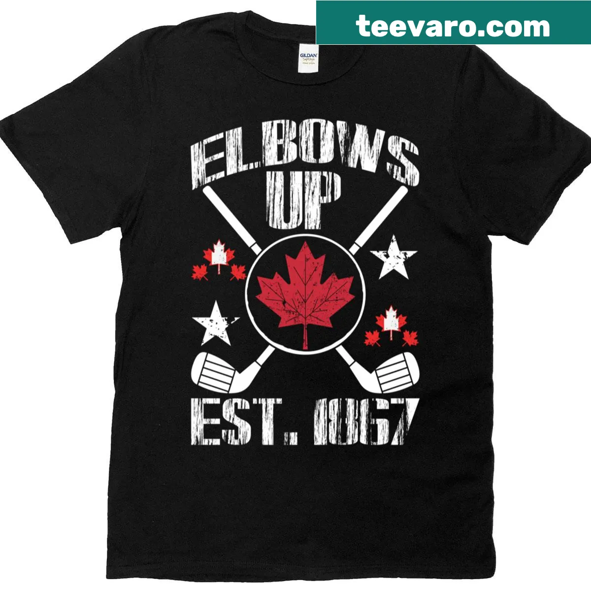 T-shirt featuring a playful leaf design with elbows up — on a men's t-shirt