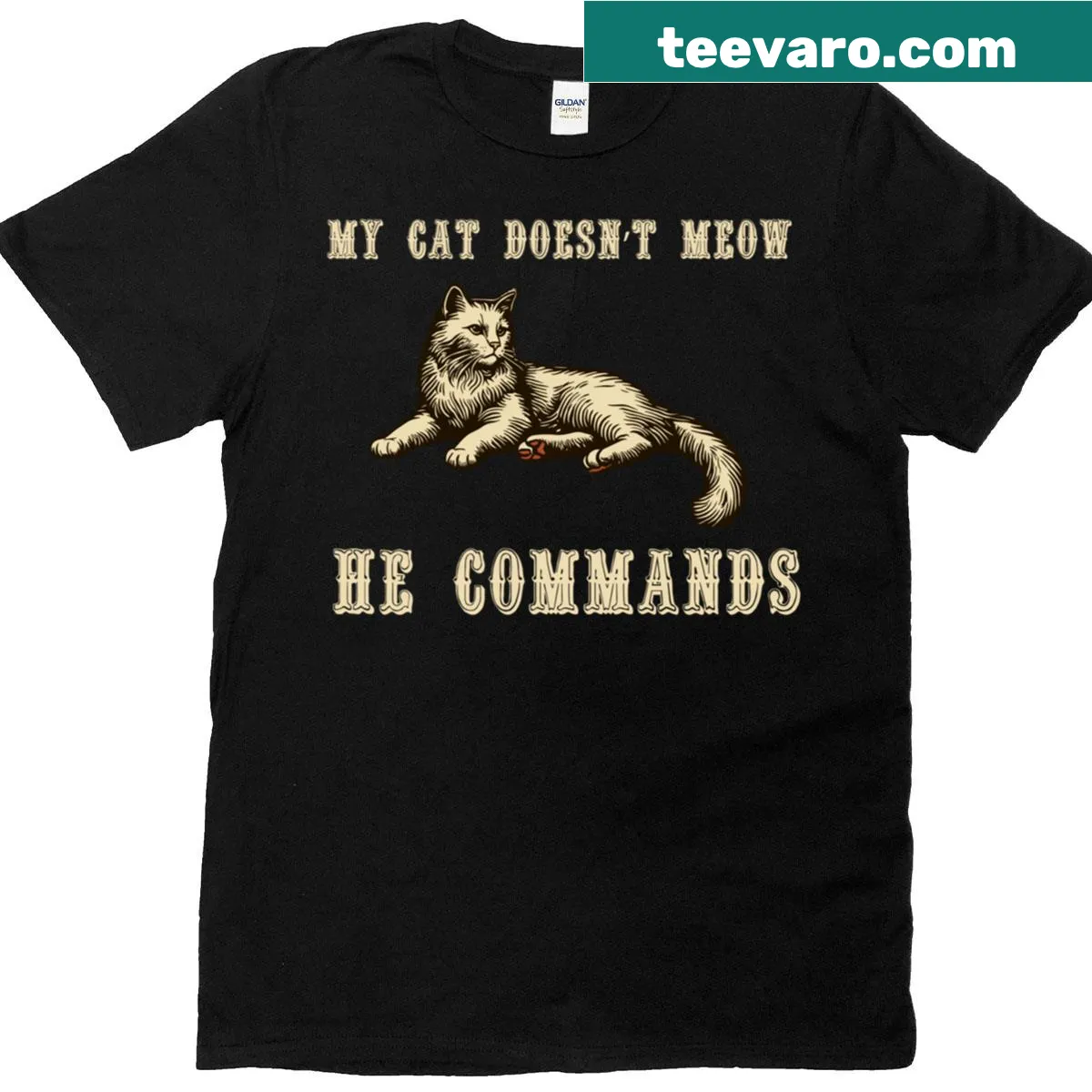 Vintage-style humorous Cat Majestic t-shirt design with classic lettering — on a men's t-shirt