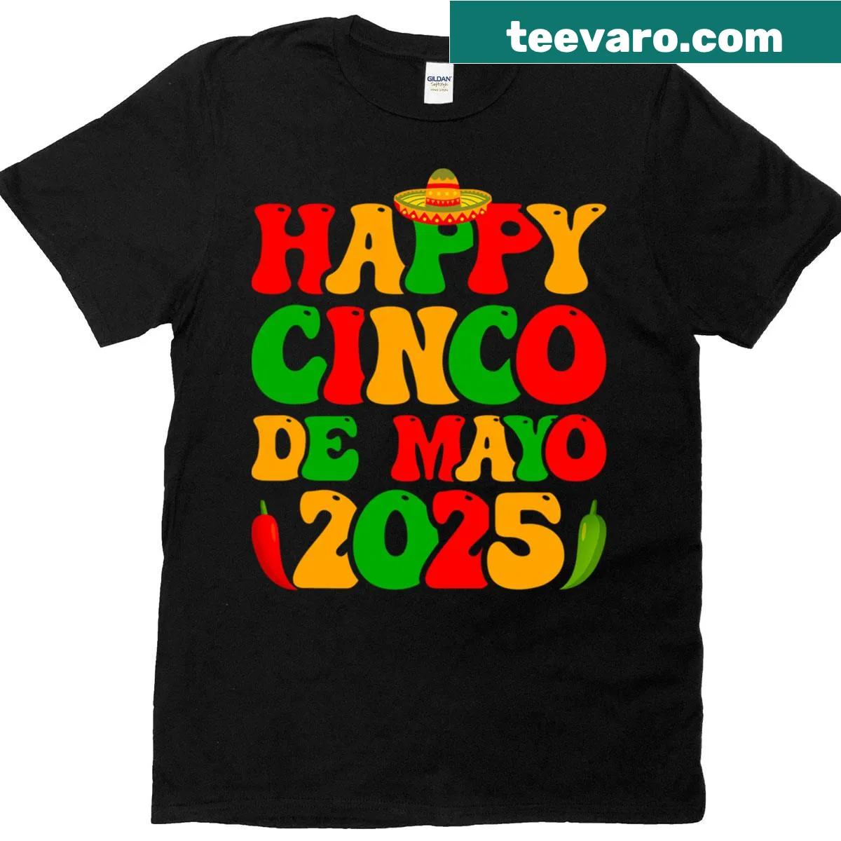 Retro Cinco De Mayo shirt with sombrero and chili peppers — on a men's t-shirt