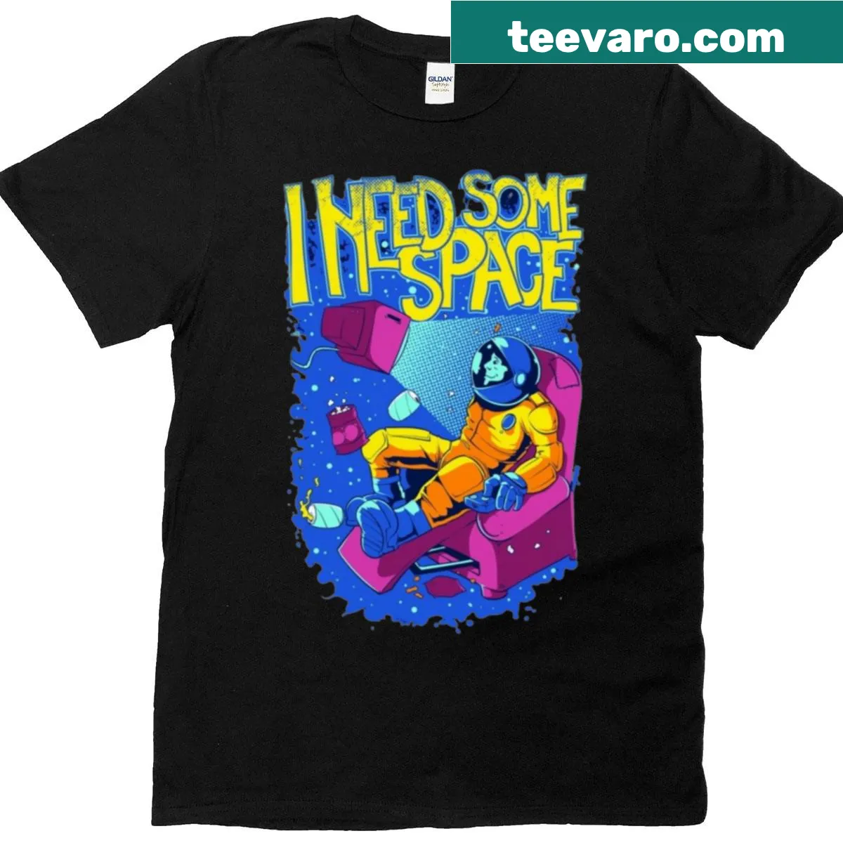 Astronaut on a couch with a TV graphic and humorous text — on a men's t-shirt