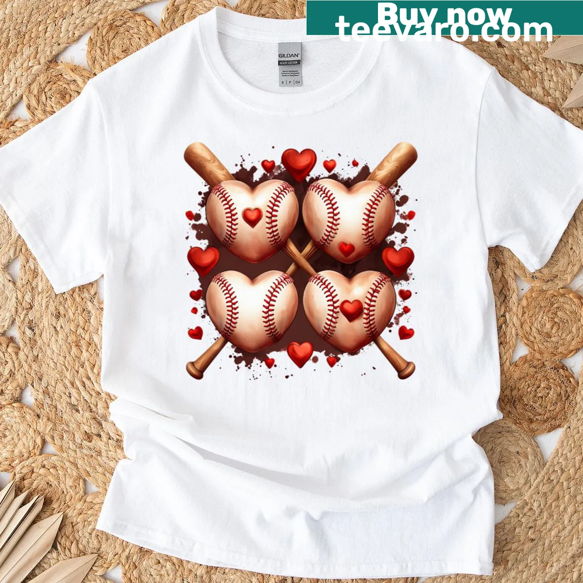 Baseball-themed graphic t-shirt with hearts illustration — on a men's t-shirt