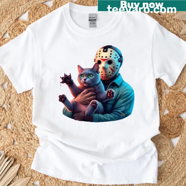 Playful cat with knife cartoon on T-shirt