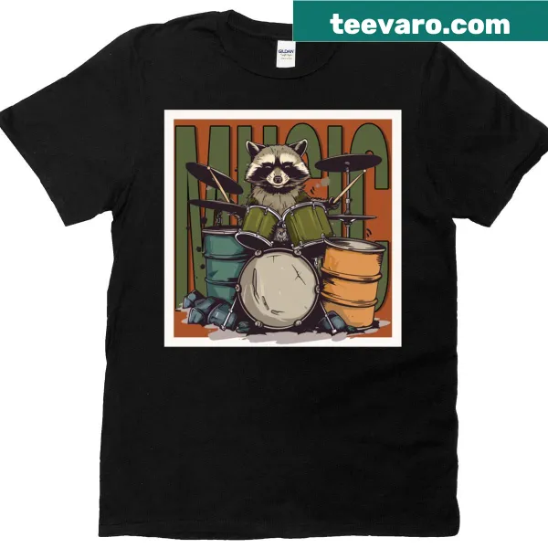 Raccoon playing drums illustration on T-shirt