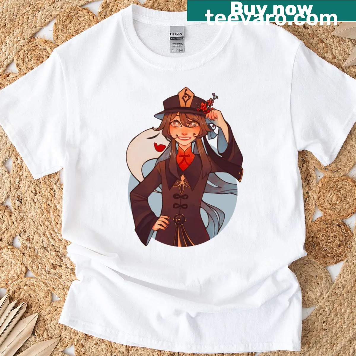 Hu Tao illustration t-shirt from Genshin Impact — on a men's t-shirt
