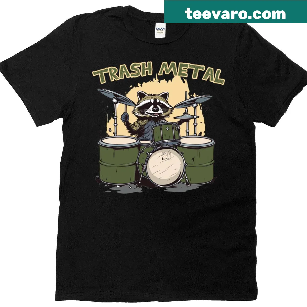 T-shirt featuring an edgy raccoon playing metal trash drums — on a men's t-shirt