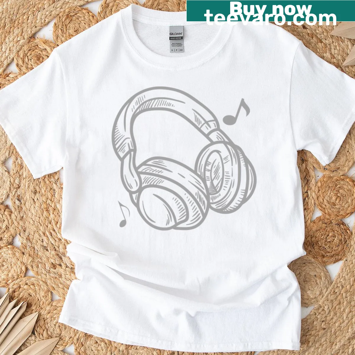Illustration of classic headphones on a music-themed T-shirt — on a men's t-shirt