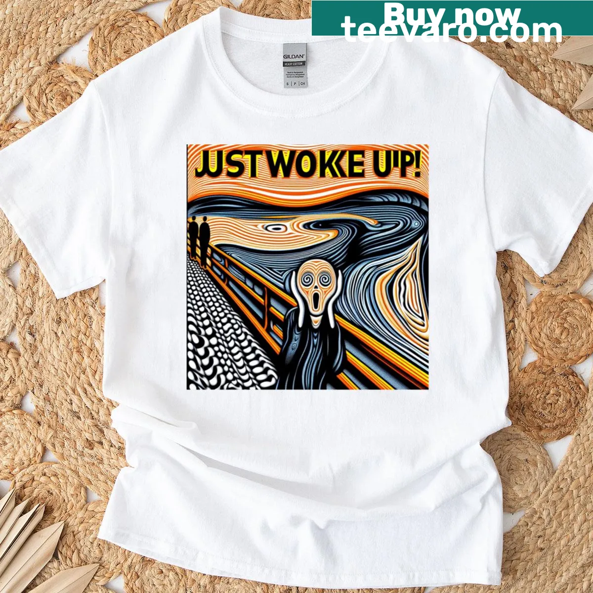 T-shirt with optical illusion design and 'Just Woke Up Scream' text — on a men's t-shirt