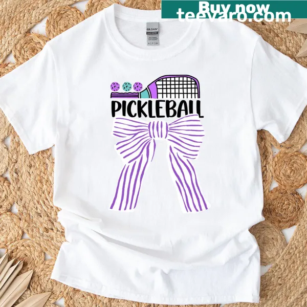 Cute T-shirt with pickleball graphic and purple stripes