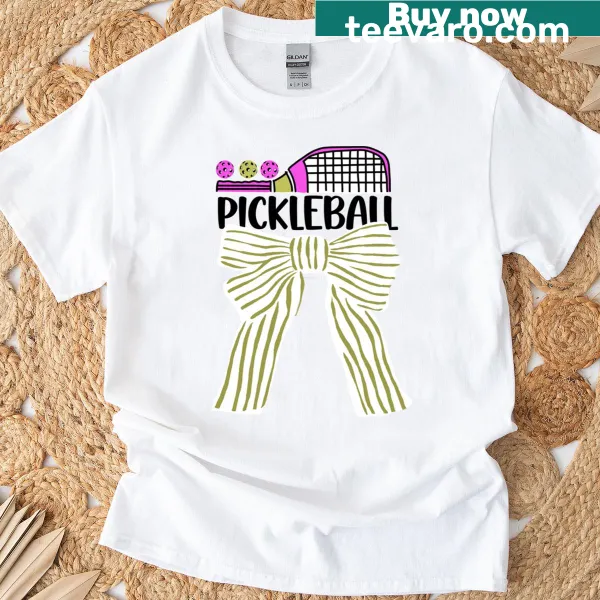 Playful pickleball T-shirt with stripes and a cute bow design.