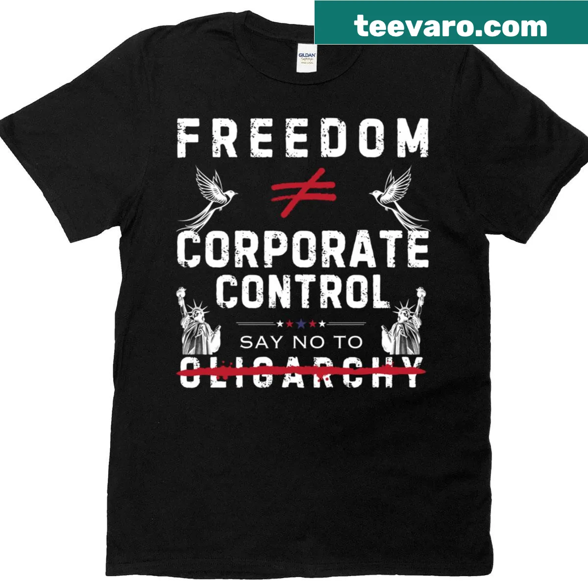 Text graphic T-shirt stating opposition to oligarchy — on a men's t-shirt
