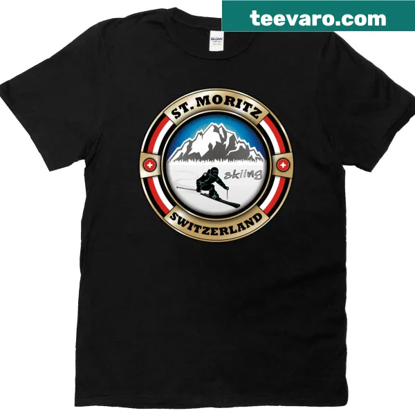 Illustrated skiing t-shirt featuring St Moritz, Switzerland.