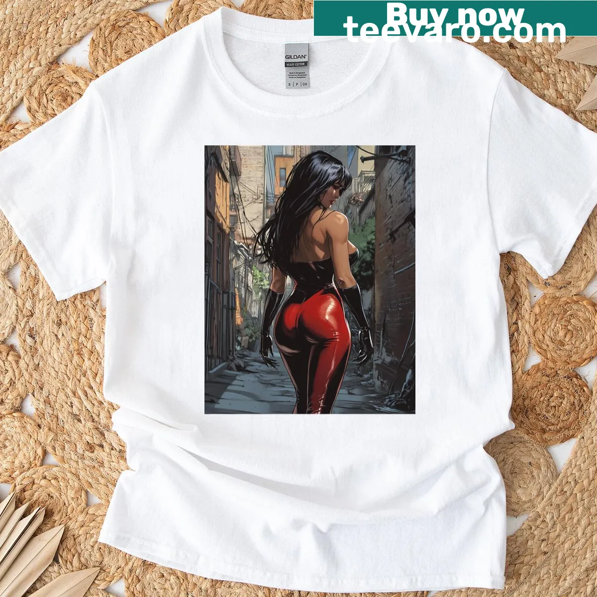 Artistic illustration of a woman in red dress in an alley on a t-shirt — on a men's t-shirt
