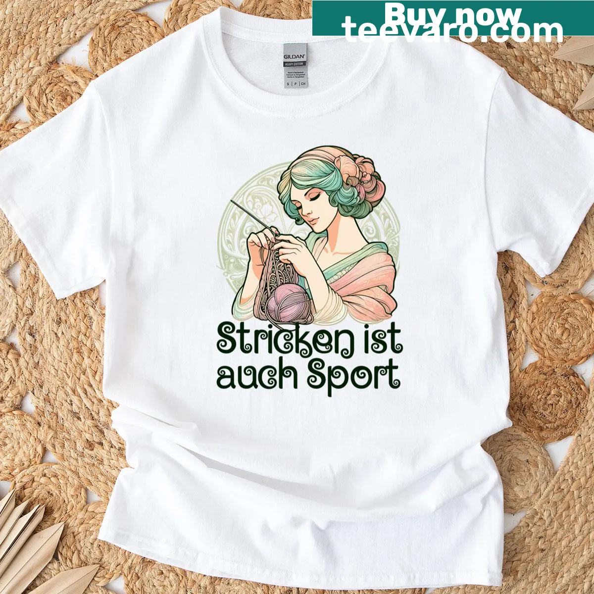 Vintage-style t-shirt with Art Nouveau knitting design for women — on a men's t-shirt