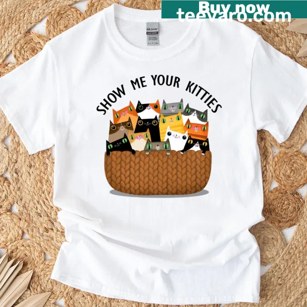 Playful cartoon t-shirt with cat illustrations and humorous text