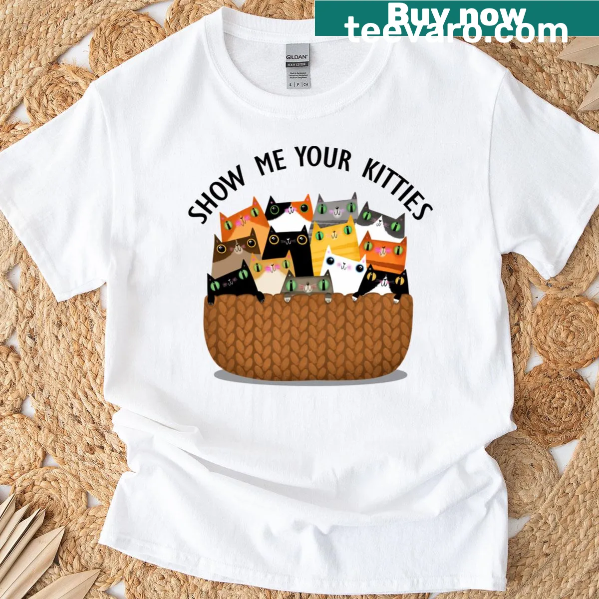 Playful cartoon t-shirt with cat illustrations and humorous text — on a men's t-shirt