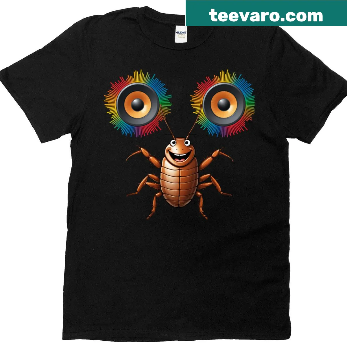 Funny t-shirt featuring a dancing cartoon cockroach — on a men's t-shirt