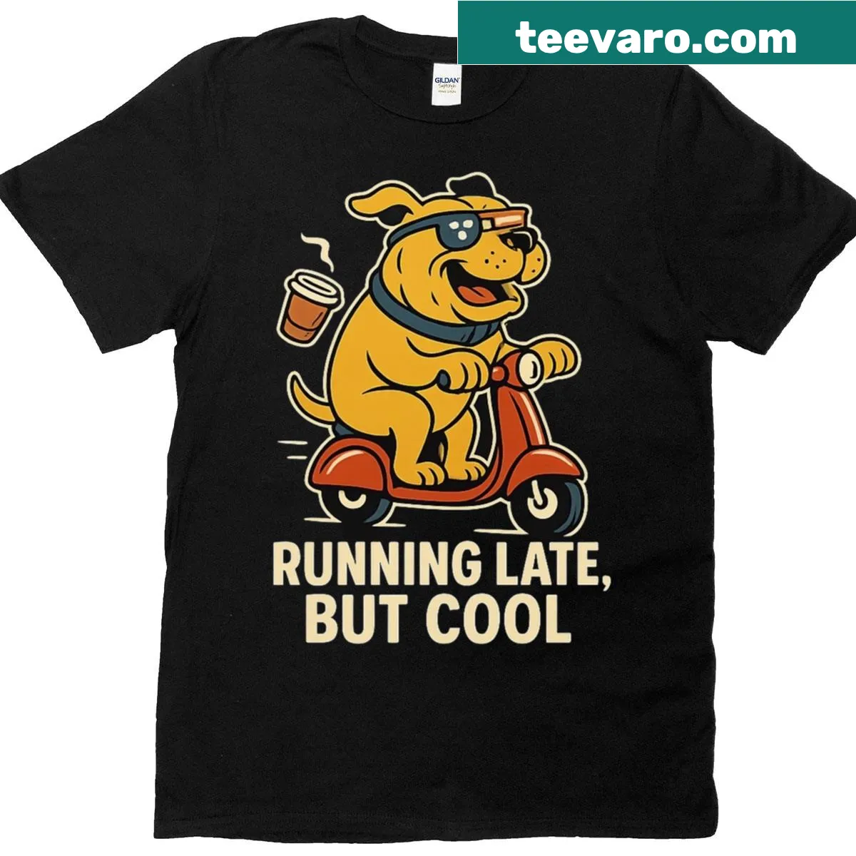 Funny dog on scooter graphic T-shirt with humorous saying — on a men's t-shirt