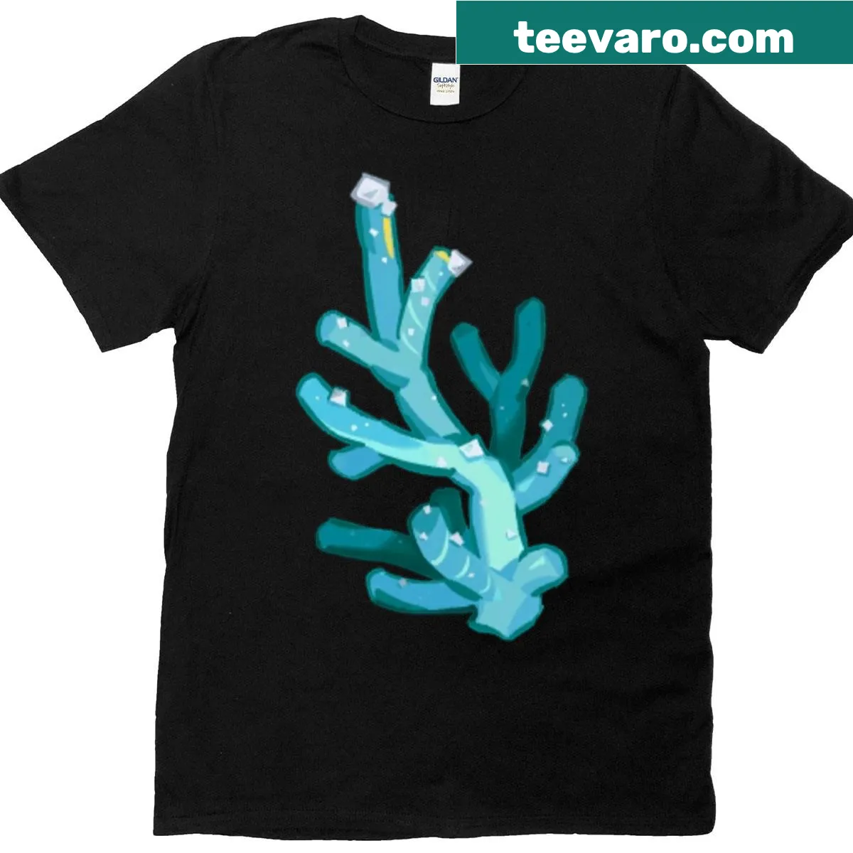 Cartoon-style t-shirt with a playful shroomie and coral stars — on a men's t-shirt