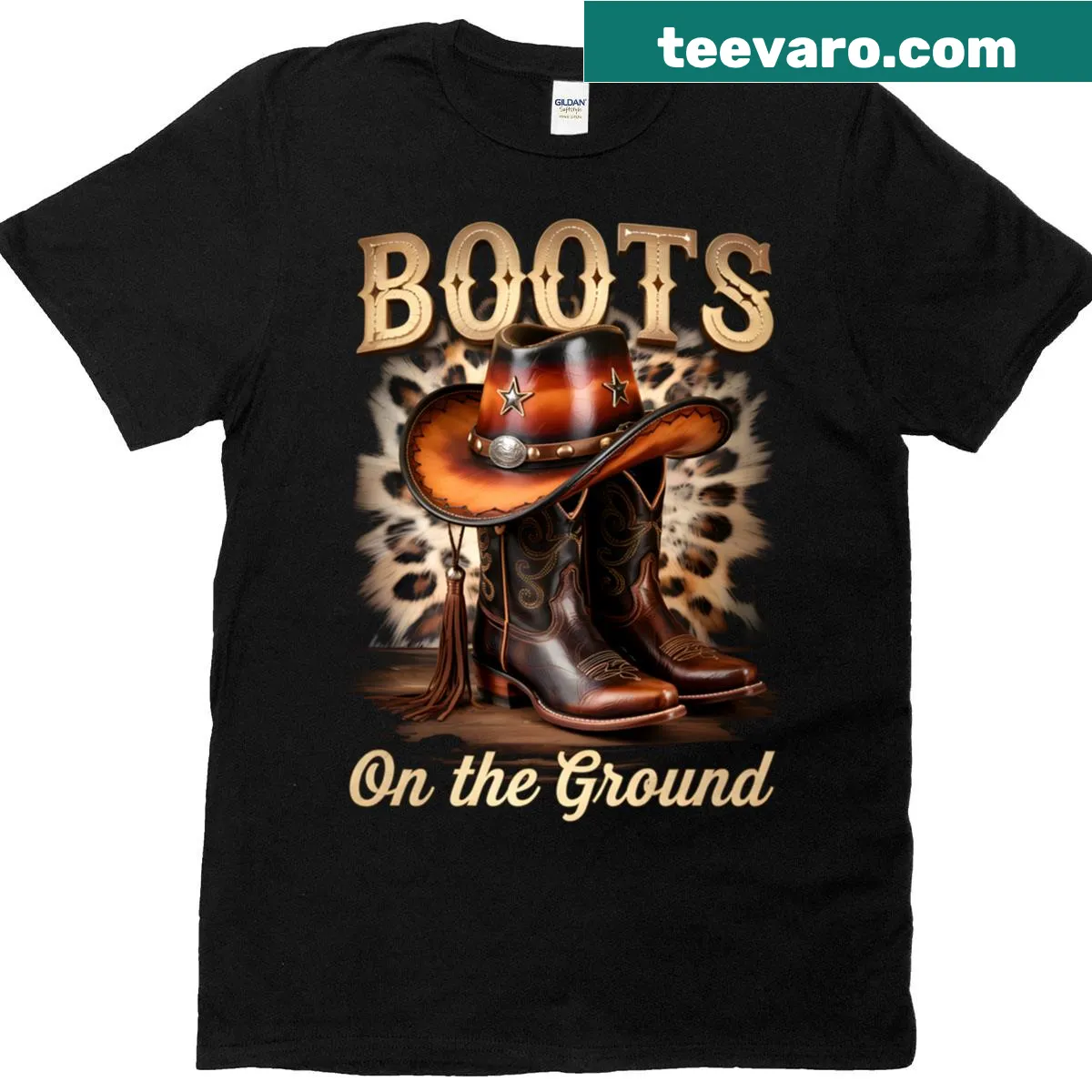 Illustration of cowboy boots on the ground, emphasizing a Western theme. — on a men's t-shirt