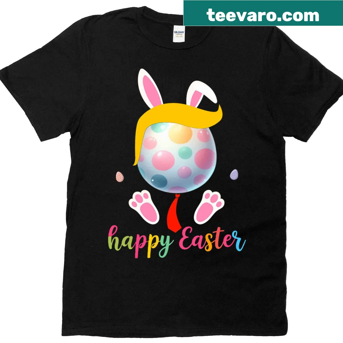 Funny Easter t-shirt featuring a bunny and colorful eggs — on a men's t-shirt