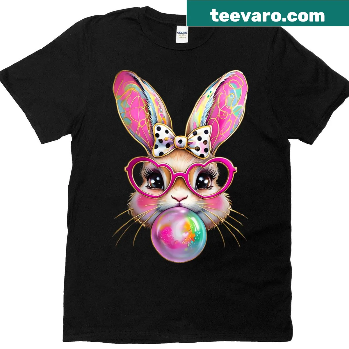 Cute kids t-shirt featuring a happy bunny with a bow — on a men's t-shirt
