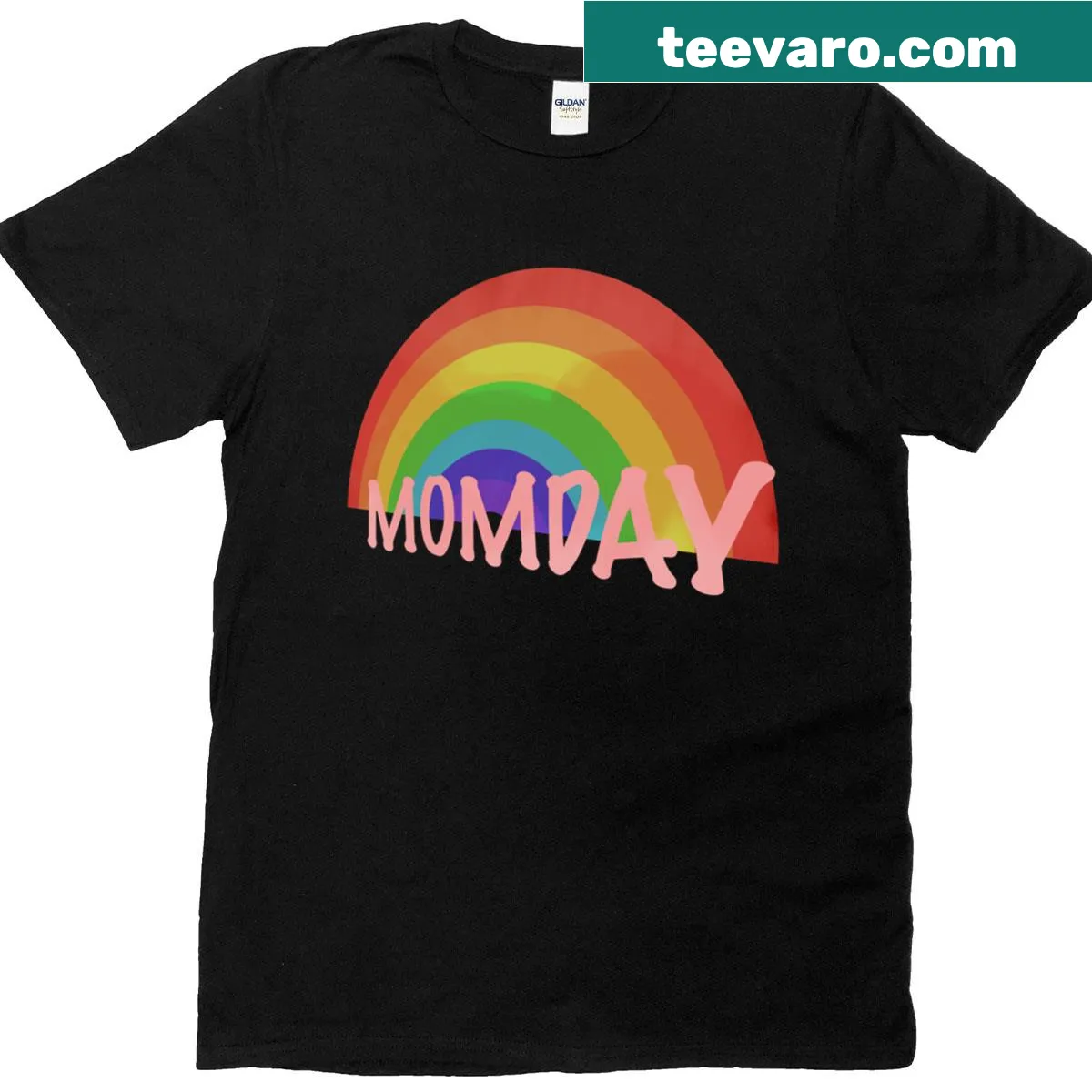 Humorous mom-themed graphic on a rainbow t-shirt. — on a men's t-shirt