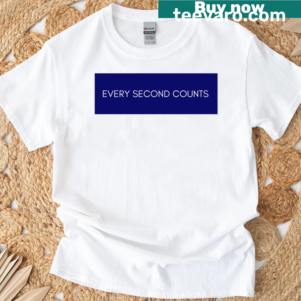 Minimalist t-shirt featuring text 'Every Counts Second Important' — on a men's t-shirt