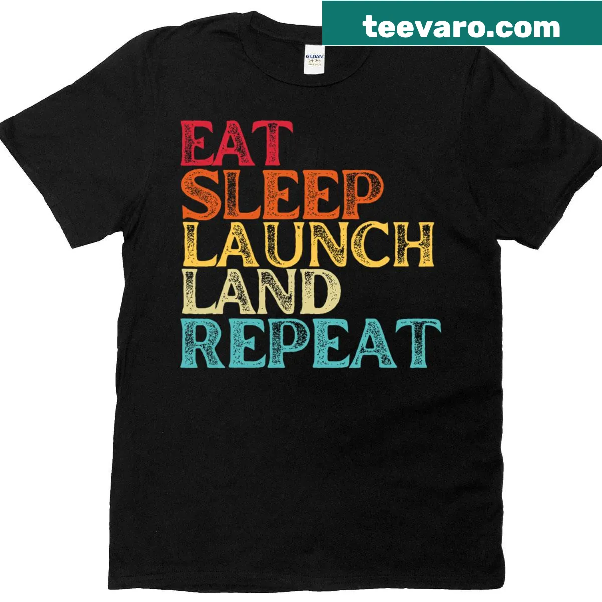 Funny space rocket t-shirt with the phrase Eat Sleep Land Launch Repeat — on a men's t-shirt